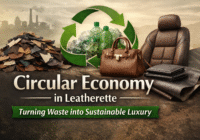 Circular economy concept in leatherette showing recycled plastic bottles and material scraps transforming into premium products like a handbag, car seat, and finished leather sheets, with a green recycling symbol highlighting sustainability and waste-to-luxury innovation.