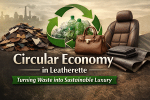 Circular Economy waste to Leatherette Circular economy concept in leatherette showing recycled plastic bottles and material scraps transforming into premium products like a handbag, car seat, and finished leather sheets, with a green recycling symbol highlighting sustainability and waste-to-luxury innovation.