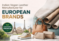 Indian vegan leather materials with bags and accessories displayed for European brands showcasing sustainable PU and plant-based leather by Winner Nippon