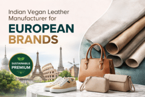 Indian vegan leather materials with bags and accessories displayed for European brands showcasing sustainable PU and plant-based leather by Winner Nippon
