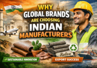 showing Indian manufacturing growth with sustainable vegan leather materials, factory worker, export visuals, and “Why global brands are choosing Indian manufacturers